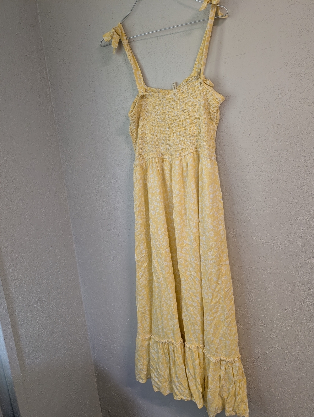 Yellow Smocked Maxi Sundress M Lined Bow Ruffle Floral Cottagecore Fairy Dainty - Picture 8 of 11